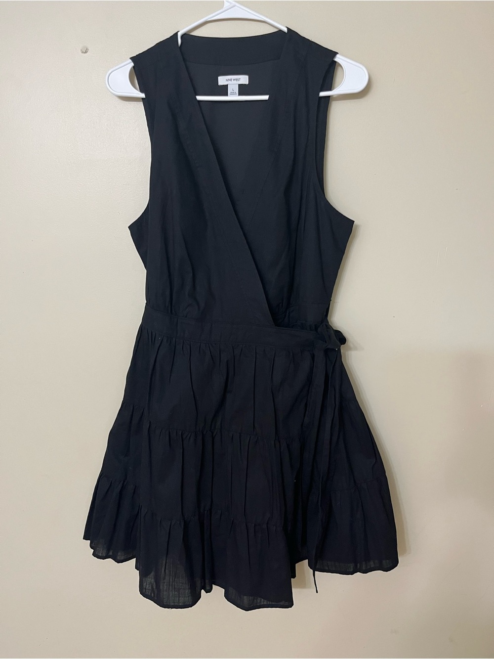 Nine West Black Sleeveless Wrap Tiered Mini Dress